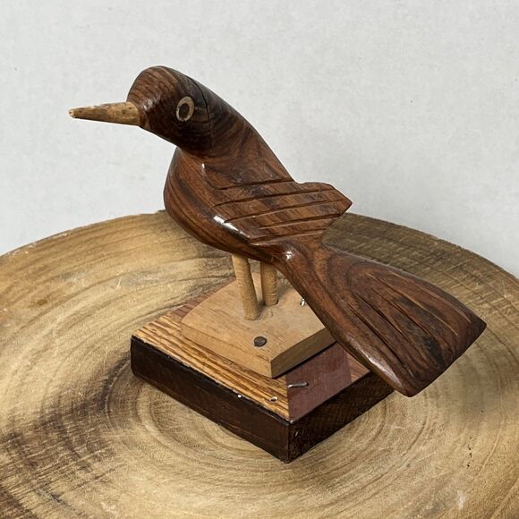 Vintage MCM 1960s Hand Carved Figural Wooden Bird On Stand Big Eyes Hand Made - Picture 1 of 8